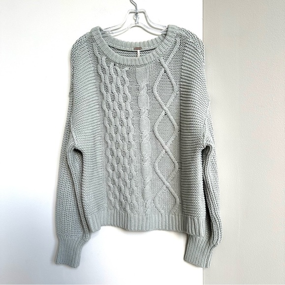 Free People Sweaters - Free People Dream Cable Knit Crewneck Fisherman Sweater Gray Balloon Sleeve